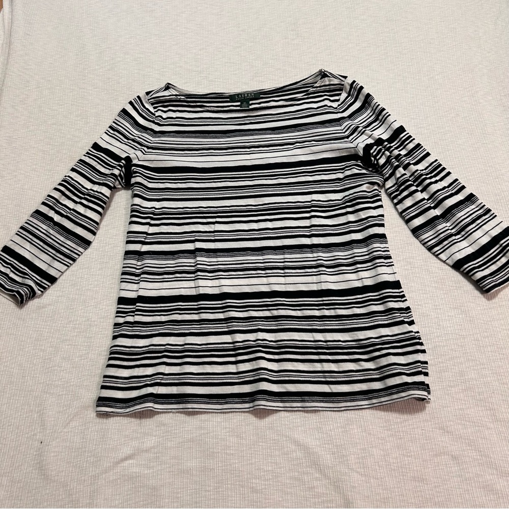 Lauren‎ Ralph Lauren Womens M Black White Striped 3/4 Sleeve Top
